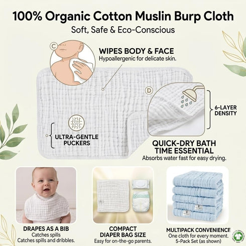 Jeans Squad 6 Pack 100% 20''x10'' 6-Layer Organic Cotton Muslin Burp Cloths Cotton Muslin Cloths Large Extra Soft