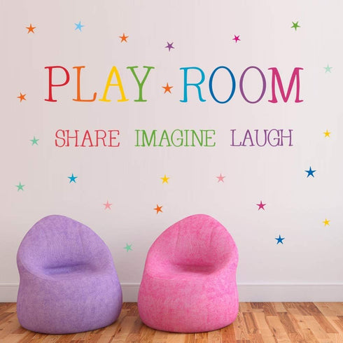 Playroom Share Imagine Laugh Wall Sticker, Colorful Stars Inspirational Quote Decals for Classroom Nursery