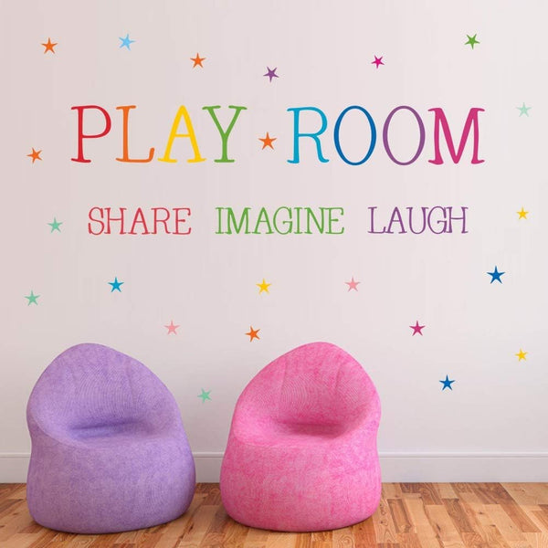 Playroom Share Imagine Laugh Wall Sticker, Colorful Stars Inspirational Quote Decals for Classroom Nursery