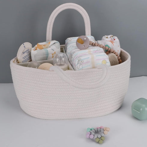 Baby Diaper Caddy Organizer - Cotton Rope Nursery Storage Bin for Changing Table, Portable Tote Bag for Newborn