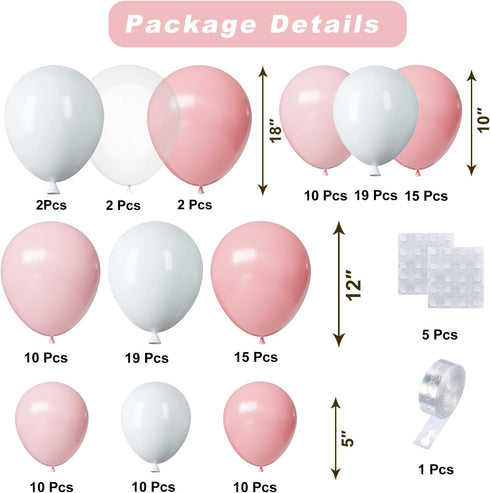 124pcs 16ft Pink and White Balloons Arch Kit, Light Pink White Transparent Balloons with Tape Strip & Dot Glue