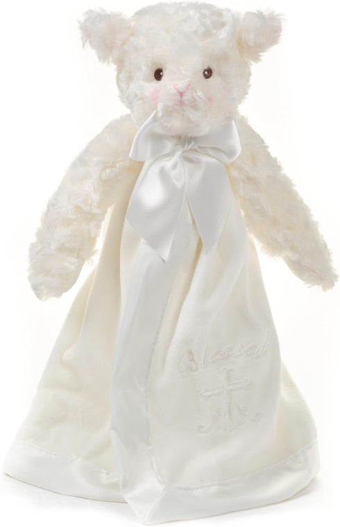 Bearington Collection Lamb Plush Security Blanket - 15 in White Satin Trim for Christening and Baptism