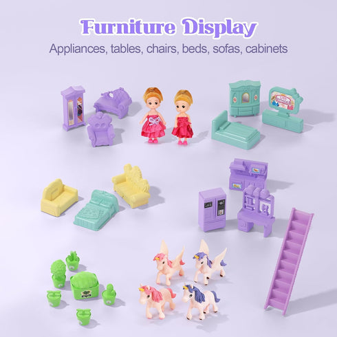 randhar 9 2 4 3+ Lilac Purple Doll House for Girls, Dream Dollhouse Rooms with Dolls, Unicons,Lights, Furniture