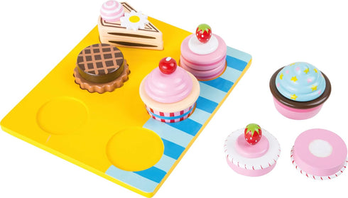 Playset 13 Set 3+ Wooden Cupcake and Cake by Small Foot Piece - Cuttable Play Food with Interchangeable Velcro Toppings