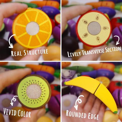 Wooden Play Food for Kids - Kitchen Cutting Fruits and Vegetables for Toddlers, Educational Toys