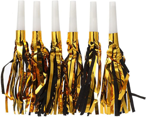 lasenersm 24 Pieces Party Blower Noisemakers, Black and Golden Fringed Noise Maker Blowouts, Party Horns