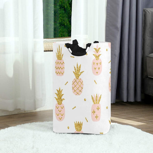 senya Pink Pineapple with Gold Glitter Large Storage Basket, Collapsible Organizer Bin with Handles