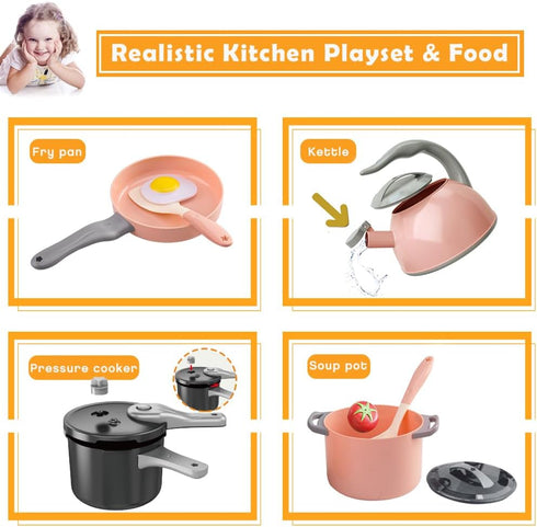 Bruvoalon 32Pcs Kids Play Kitchen Toys Set, Pretend Cooking Playset with Pots, Pans, Utensils, Foods