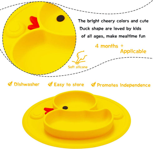 Linowos Silicone Divided Toddler Plates - Portable Non-Slip Suction Plates for Children, BPA Free (Duck-Yellow)