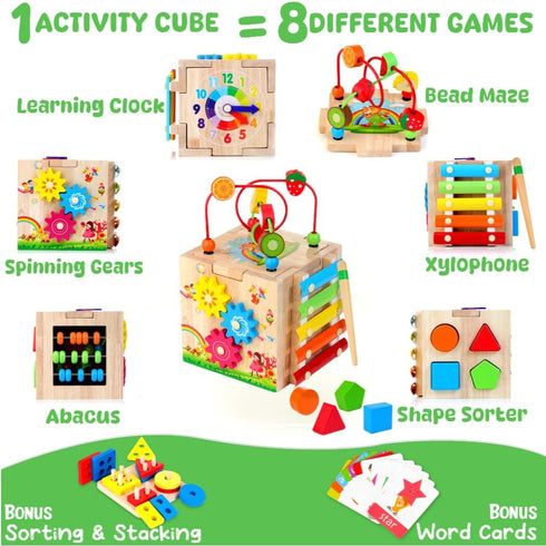 8-in-1 1 2 12-18 1st Batlofty Wooden Activity Cube, Montessori Toys for Year Old Girl Boy Toddler| Sensory Educational