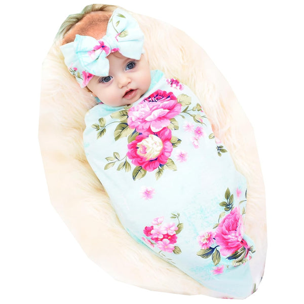 Galabloomer Flower Print Baby Swaddle Blankets Receiving Blanket Headband Set