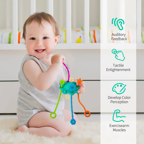 Montessori Pull String Toy - 100% Food Grade Silicone with Built-in Rattle Function (Spearmint)