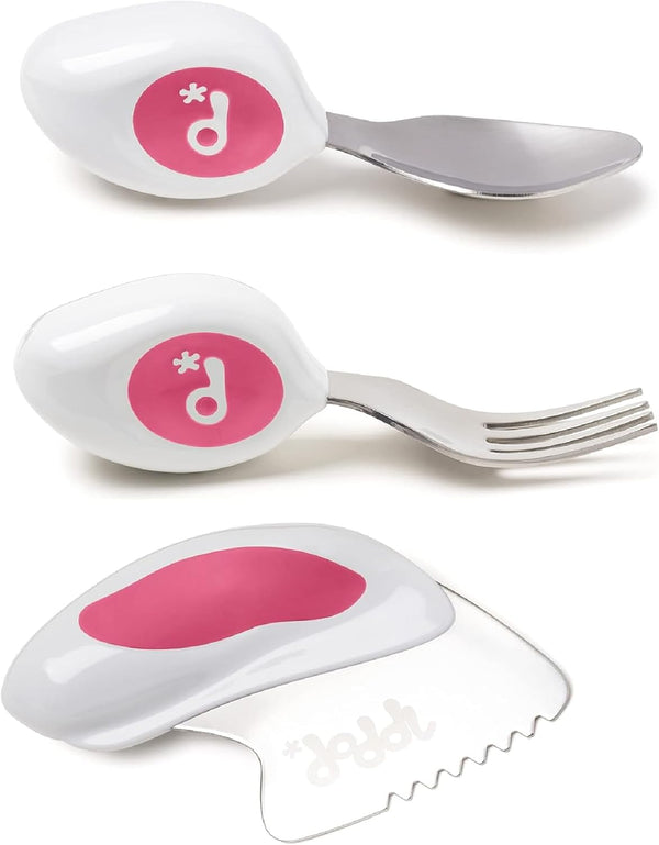 doddl Toddler Utensils, Ergonomic Fork Spoon and Knife Set for Self Feeding, Stainless Steel for 1-3 Year Olds (Magenta)