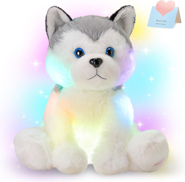 Houwsbaby 12'' Gray Light Up Husky Stuffed Animal Dog, Floppy LED Plush Toy Puppy Night Lights Glow Pillow for Kids