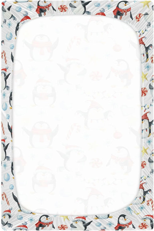 Sheet,39x27IN Pfrewn Christmas Crib Sheets for Boys Girls Cute Penguins Winter Holidays Fitted Crib Sheet for Mini Crib