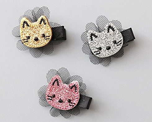 FANCYBABY Cat Design Hair Clips, 3 Count Snap Clips for Girls & Toddlers, Pink, Gold, Silver