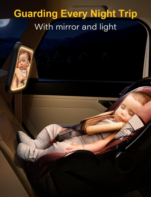 Baby Car Mirror With Light - Rechargeable 2000mA Rear Facing Hook Clip Design for Crystal Clear View