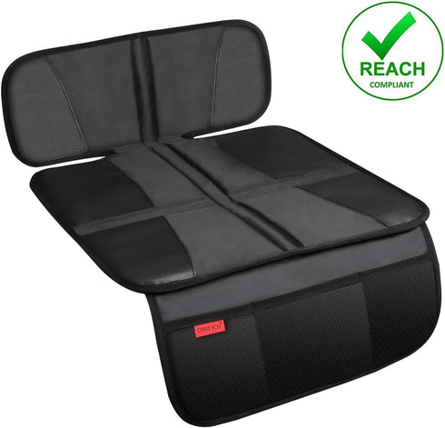Car Seat Protector Mat - Thick Padding, Durable Waterproof Fabric, Leather Reinforced Corners & 3 Pockets Black