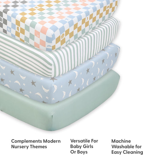 4-Pack The Peanutshell Celestial Checkered Baby Crib Sheets for Boys Girls Gender Neutral Fitted Crib Sheet