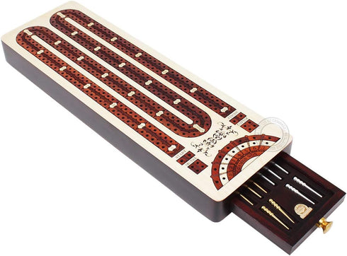 2 Track Continuous Cribbage Board - Inlaid in Bloodwood, Size: 12.5 Inches with Storage Drawer for Pegs and Score