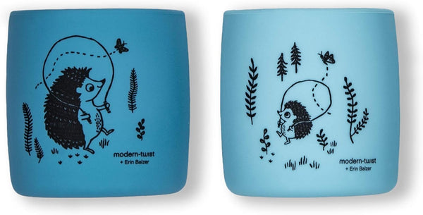 modern-twist Sip Set, Pack of 2 Food-Grade Silicone Reusable Cups, Waterproof, Dishwasher Safe - Blue Hedgehog Family