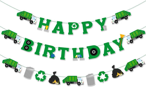 Bessmoso 3 Pcs Garbage Truck Birthday Decorations, Trash Truck Birthday Banner for Boys and Girls Baby Shower Parties