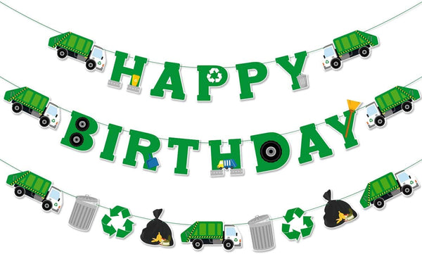 Bessmoso 3 Pcs Garbage Truck Birthday Decorations, Trash Truck Birthday Banner for Boys and Girls Baby Shower Parties