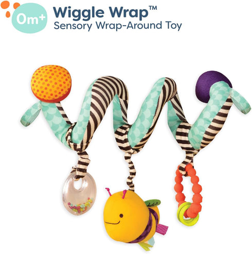 B. toys Wiggle Wrap Baby Toy, Spiral with 3 Hanging Toys for Car Seat, Stroller, Crib - Rattle, Plush Bee & Teether