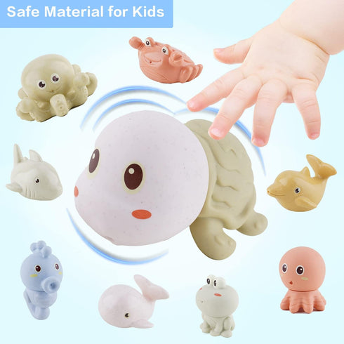 10PCS Bath Toys for Babies 6-12 Months - Silicone Ocean Animals Bathtub Float Toy for Water Play and Learning Skills