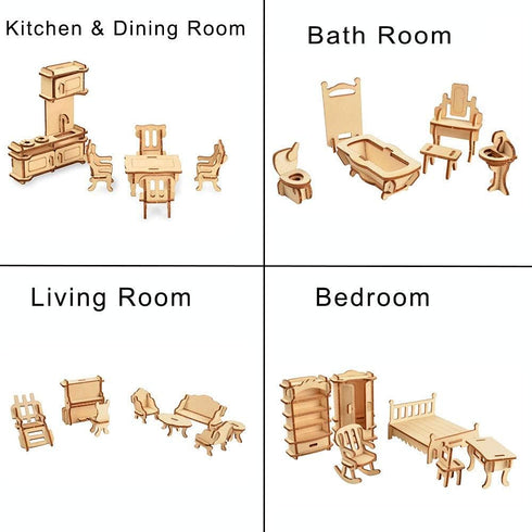 BOHS 34-Piece Dollhouse Furniture Set, Laser Cut Wooden 3D Puzzles for Miniature Doll House DIY Models