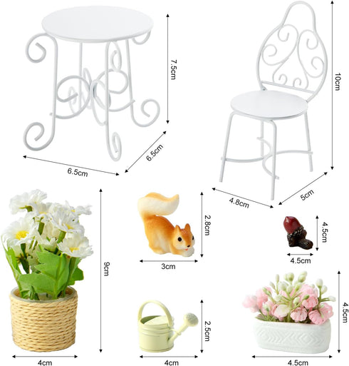 Minamzee 1/12 Sets, 9Pcs Sets, Scale Dollhouse Table Chair Metal Miniature Patio Dollhouse Fairy Garden Bistro Outdoor