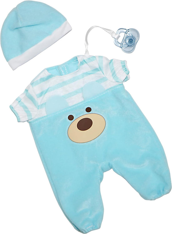 JC Toys | Blue Bear Onesie | Baby Doll Outfit + Hat + Pacifier | Ages 2+ | Fits Dolls 12"- 14"