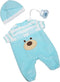 JC Toys | Blue Bear Onesie | Baby Doll Outfit + Hat + Pacifier | Ages 2+ | Fits Dolls 12"- 14"