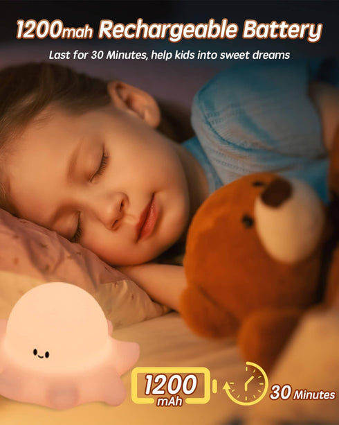 Lustrinex Dimmable Cute Octopus Rechargeable Silicone Night Light for Kids, Touch Control Nightlight with Timer