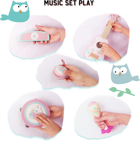 Sets 2 3 Kids Guitar for Girls, Wooden Musical Instruments Toys with Ukulele, Tambourine, Maracas, Harmonica, Mini Band