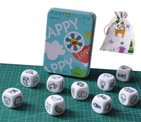 DIY Happy Story Dice, 9 Cubes Toys with 54 Images for Unlimited Story Combinations, Iconic Storytelling Game for Kids