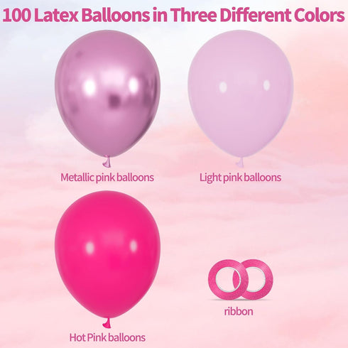 100Pcs 12Inch Pink Balloons Hot Pink Metallic Pink Balloon Light Pink Balloon for Birthday Wedding Baby Shower Princess
