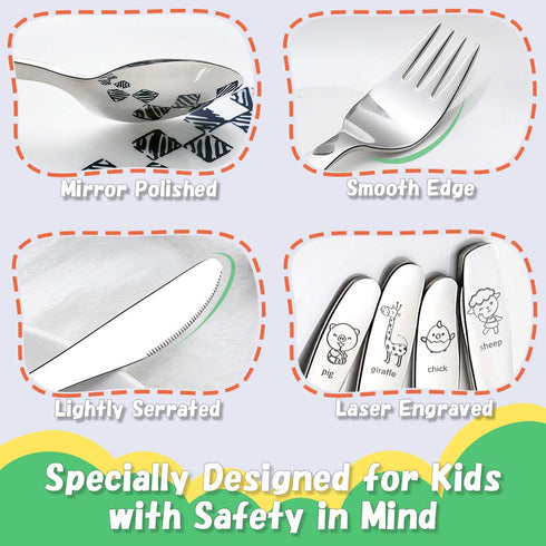 Kids Silverware Set - Toddler Utensils 18/8 Stainless Steel, 4PCS Fork, Spoon & Knife Cutlery for Age 3+