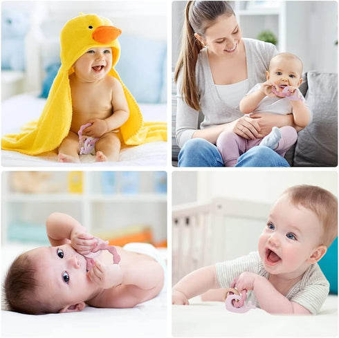 Vicloon Baby Teether Toys, Silicone & Natural Wood Teether Ring, Chewable Rings for Newborn Gift (Pink)