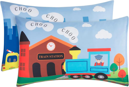 4 Set EVERYDAY KIDS Piece Toddler Bedding -Choo Choo Train- Includes Comforter, Flat Sheet, Fitted Sheet and Reversible