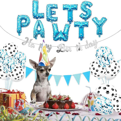 Dog Cat Birthday Party Supplies - Paw Print Balloons, Sequined Balloons, Happy Birthday Banner Decoration