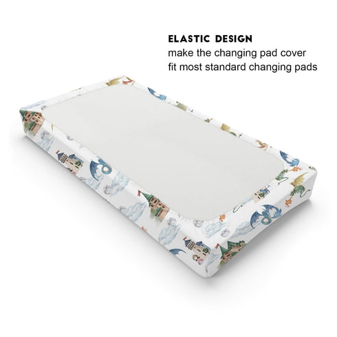 Fairytale Dragons Castle Changing Pad Cover Watercolor Dragon Princess Knight Baby Diaper Change Table Cover for Boy