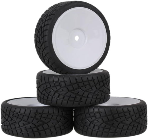 Mxfans White Plastic Smooth Flat Disc Wheel Rims + Striped Pattern Rubber Tires for RC 1:10 Racing Car (Set of 4)