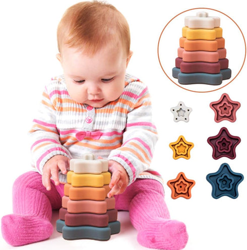 Promise Babe Silicone Stacking Rings Toy - Star Shape Soft Stacker Blocks for Baby Toddler Development Sensory