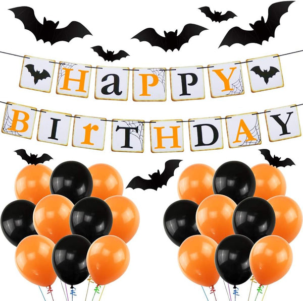 Halloween Party Decorations - Orange Black Latex Balloons, Happy Birthday Banner, 32pcs Black Vampire Bats