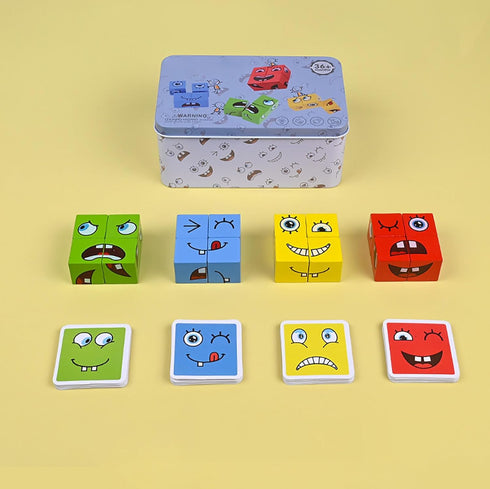 Large Wooden Face Expression Puzzle, Building Cubes for Logical Thinking, Face Changing Magic Cube Puzzles with Bell