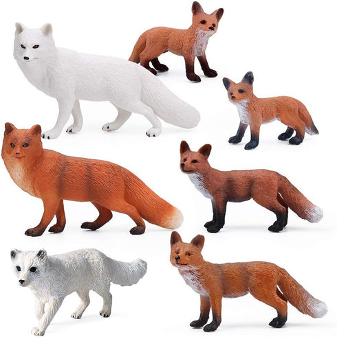 UANDME Fox Toy Figures Set - Includes Arctic Fox & Red Foxes Figurines, Cake Toppers (7 Foxes)