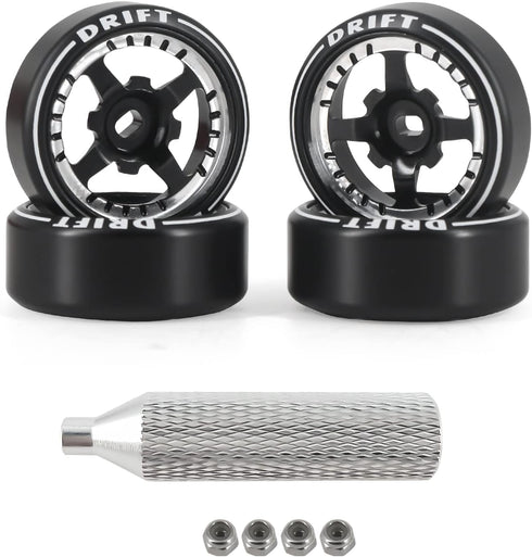 New 4 Pcs RC Car Drift Wheels with Logo Tires for 1/28 WLtoys K969 K989 K929, 4 Spoke Aluminum Alloy Tires