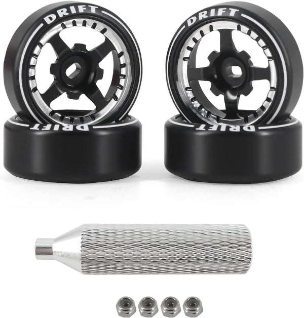 New 4 Pcs RC Car Drift Wheels with Logo Tires for 1/28 WLtoys K969 K989 K929, 4 Spoke Aluminum Alloy Tires