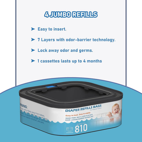 Fununcat 810 4 Packs Jumbo Square Refills Disposal Bags Refill Compatible with Diaper Genie Classic, Compact and Select